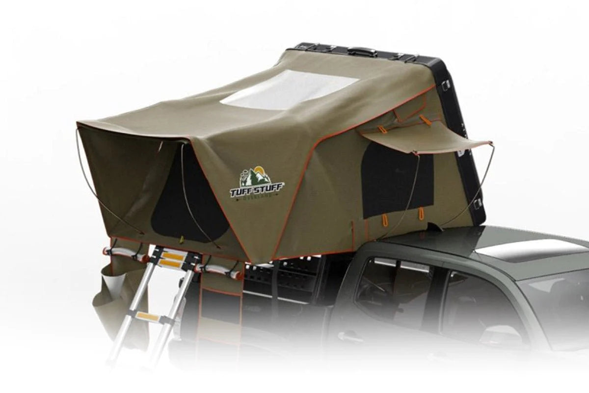 hard top roof top tent Tuff Stuff Overland Alpha II Hard Top Side Open Tent, Black, 2 Person